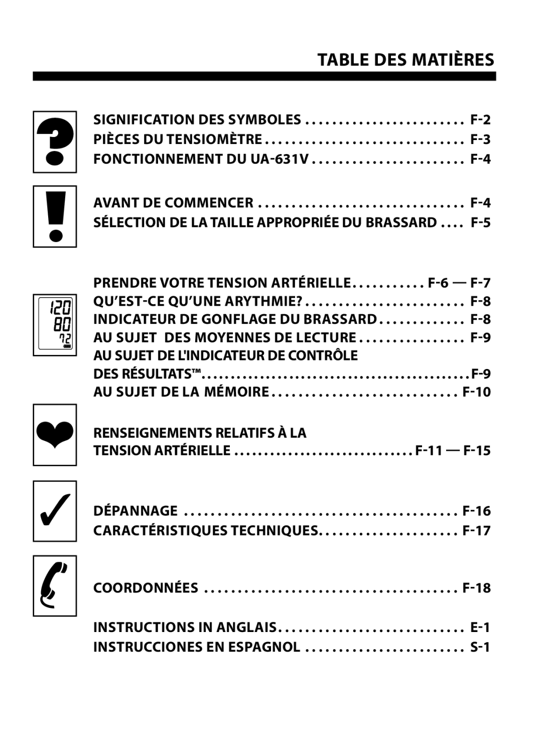 LifeSource UA-631V manual Table Des Matières, SÉLECTION DE LA Taille Appropriée DU BRASSARD . . . . F-5 